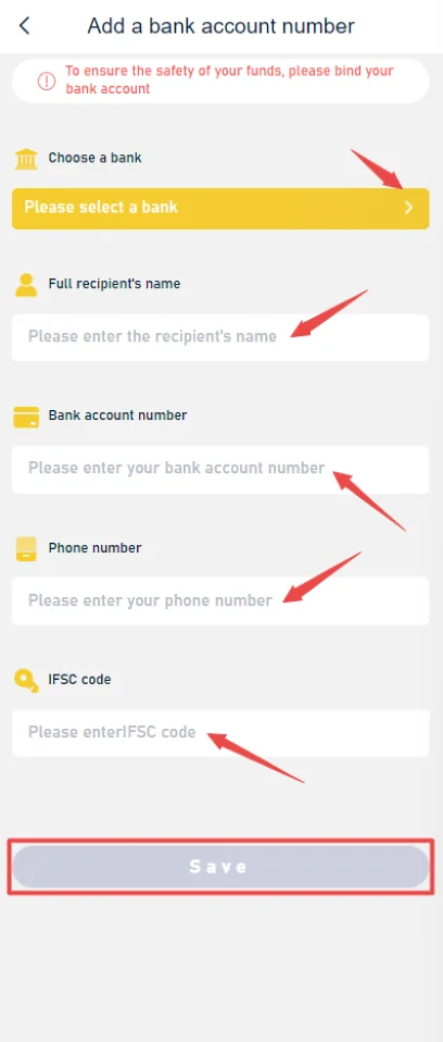 IN999 add bank account form