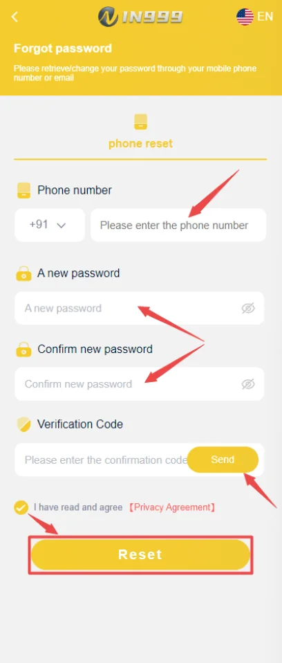 IN999 forgot-password screen