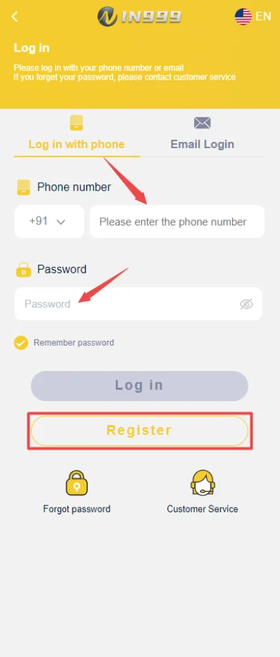 IN999 login and register screen