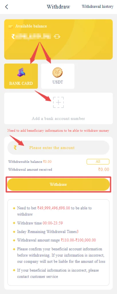 IN999 withdrawal screen